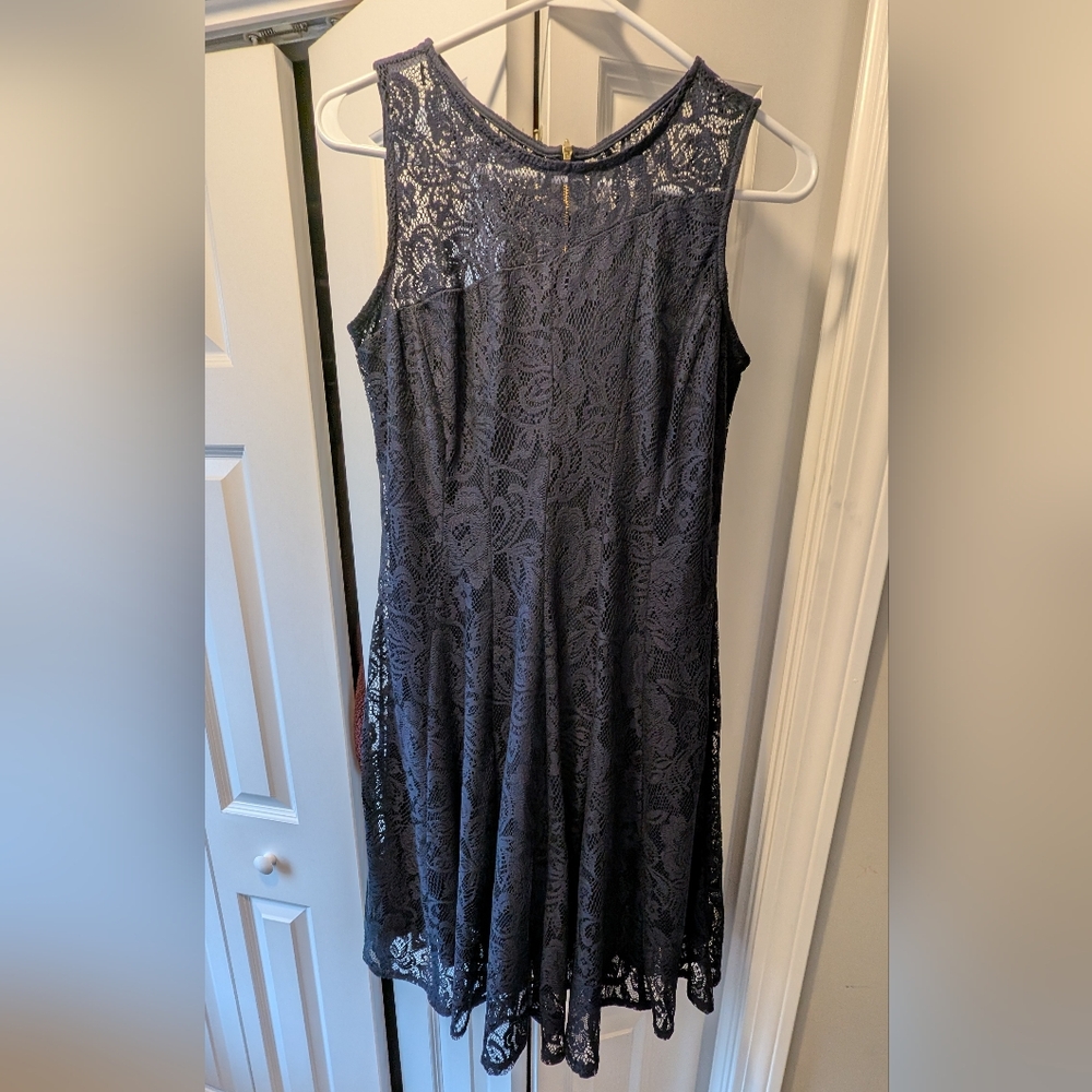 Navy Asymmetrical Dress, Lace Overlay, size 4